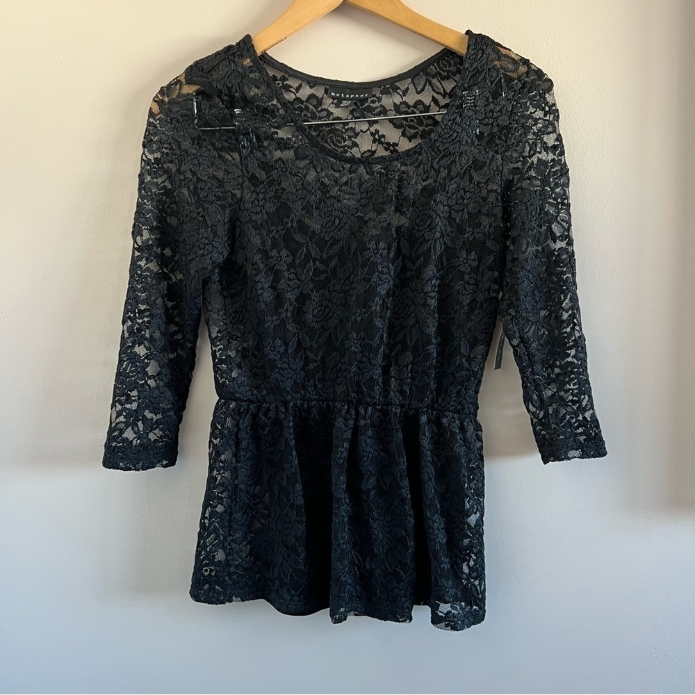 Metaphor Black Lace Peplum Top Medium NWT